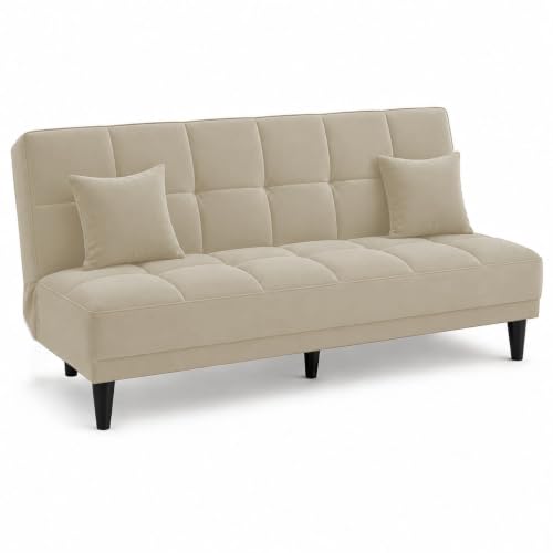 Image of Adorn India Alyssum 3 Seater Sofa Cum Bed 4X6 Velvet 2 Cushions (Color Beige) and Suitable for All Indoor, with 3 Years Warranty