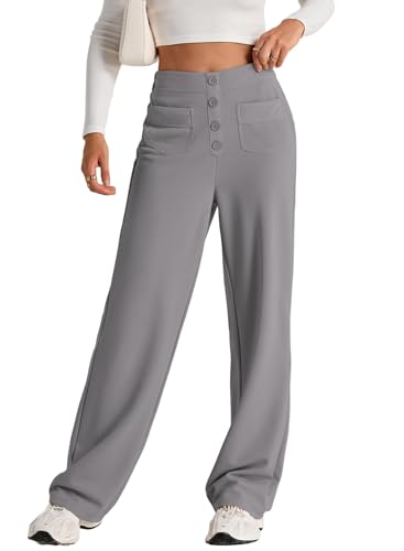EVALESS Womens High Waist Button Stretchy Work Pants Straight Leg Formal Office Ladies Dress Pant Business Casual Trousers Knit Comfy Loose Travel Slacks Cute 2025 Womens Pants with Pocket Gray Medium