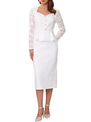 WOMLAYOUT Women's Elegant Lace Formal Suits - White Sweetheart Neck Peplum Top & Midi Skirt Set in Small