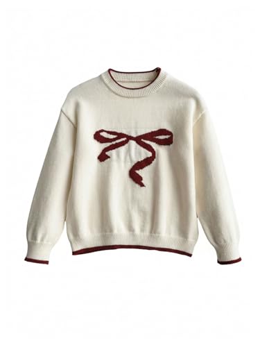Image of BEAUDRM Girl's Bow Sweater Crew Neck Cute Sweaters Long Sleeve Knit Pullovers Sweater