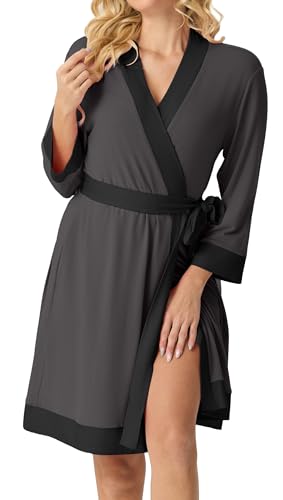 Image of PrinStory Womens Robe Knit Kimono Bathrobe Lightweight Soft Sleepwear Knee Length Lounge Robes