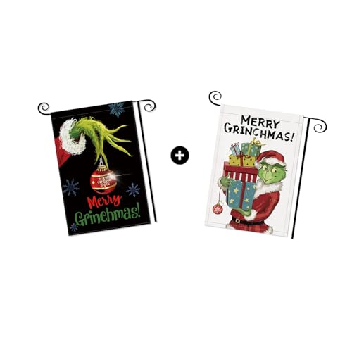 Christmas Grinch Garden Flag Decorations Outdoor Yard Flags for Outside Decor Winter Merry Grinchmas Sign 12x18 Double Sided Holiday Burlap Santa Xmas