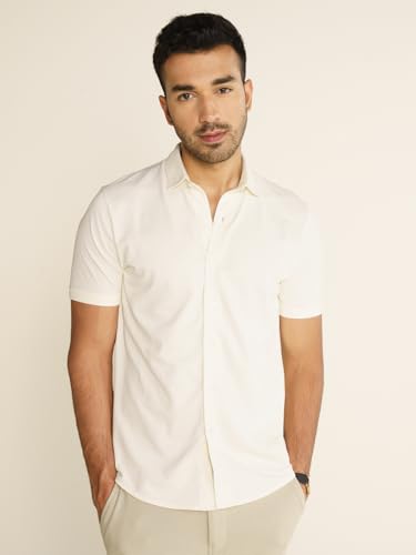 Image of DaMENSCH Men's Constant All-Degree Half Sleeve Regular fit Shirt, Pique Textured, Thermoregulating Cotton Blend, Recycled Fabric Shirts Stylish