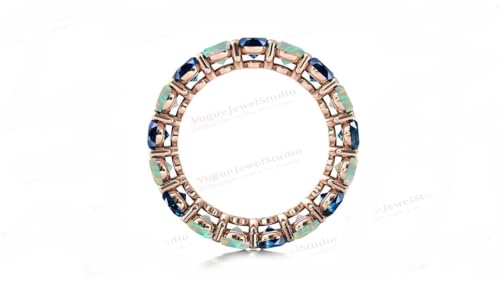 Vintage Opal & London Blue Topaz Eternity Band 925 Sterling Silver Opal Eternity Engagement Band Art Deco Prong Setting Ring Oval Shape Gemstone Gift For Her Birthday Gift Jewelry3
