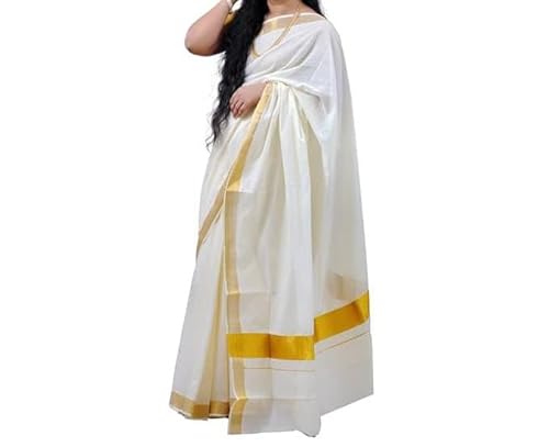 Kolakeer® Damen Kerala Baumwolle Kasavu Sari – 6,25 m Onam Sari mit Laufbluse, Goldfarbene Zari-Bordüre, groß, Einheitsgröße