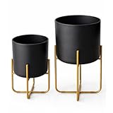 Kirpi Modern Planter Pots, Set of 2 Round Black Planters with Gold Stand, Decorative Floor Planters, Metal Pots with Drainage Holes for Living Room, Office, Garden, Balcony, 7 and 9 Inch Diameter