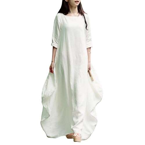 Image of Women's 2025 Spring 100% Linen Long Dress with Long Sleeve Maxi Dress Casual Loose Fitin Solid Color Pockets
