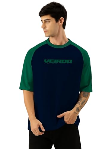 Image of Veirdo 100% Pure Cotton Oversized Loose Baggy Fit Drop Shoulder Round Neck Cool Front Chest Typographic Logo Printed Raglan Sleeve T-Shirt for Men (Colors: White, Black, Swanwhite, Beige & Grey)