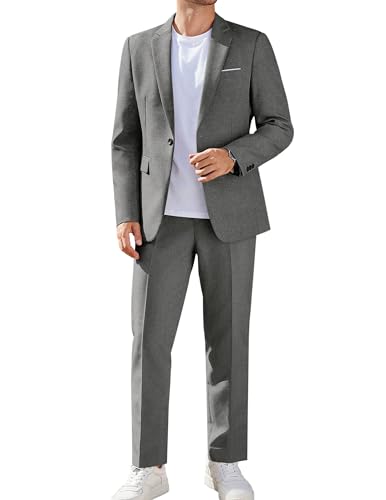 COOFANDY Mens Suits Slim Fit 2 Piece Set One Button Notch Lapel Blazer Jacket Dress Pants, Linen Gray, Large