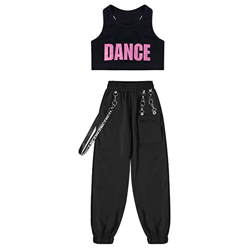 JEATHA Kids Girls 2-Piece Hip Hop Dancing Outfits Summer Sleeveless Dance Tops with Chain Pocket Sweatpants3