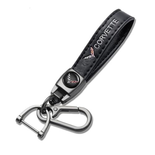 PQQFF Genuine Leather Keychain for Corvette, Fashion Lanyard Anti-rust Key Chain Holder for Car Truck Motorcycle and Bicycle (Black)