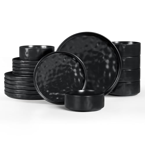 Homikit 12 Piece Dinner Sets, Reactive Glaze Plates and Bowls Set for 4 People, Elegant Dinnerware Stoneware for Kitchen Dinner Camping, Scratch Resistant, Dishwasher & Microwave Safe, Matte Black