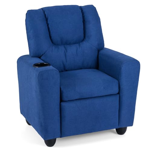 Image of Kids Recliner, Toddler Lounge Chair w /Cup Holder, Wide Armrest, Kids Sofa w /Adjustable Footrest, Comfy Toddler Recliner Chair for for Boys & Girls 3 + (Fabric, Blue)