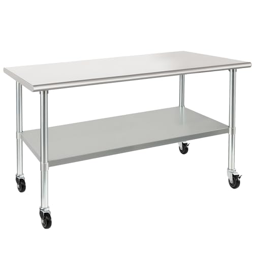 Image of HARDURA Stainless Steel Table with Wheels 30 x 60 Inches Casters NSF Heavy Duty Commercial Work & Prep Table with Undershelf and Galvanized Legs for Restaurant Kitchen Bar and Hotel Garage