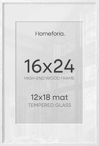 Image of Homeforia White Picture Frame 16x24, High End Oak White 16x24 Frame with Mat 12x18 Photo, 16 x 24 Wooden Poster Frames Matted to 12 by 18, 24x16 Wood Hanging Frames, Tempered Glass, Wall Kit, Set of 1