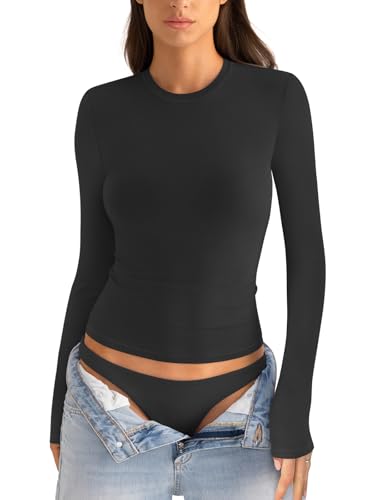 Womens Cotton Long Sleeve Shirts Crew Neck Slim Fit Basic Going Out Crop Outfits for Spring Fall 2025