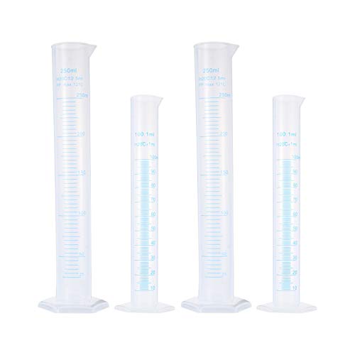 ibasenice Probeta Graduada de 100 Ml Y 250 Ml: Juego de Probetas de Plástico con Base Hexagonal Escala Clara Precisa para Pruebas de Laboratorio (4 Piezas)