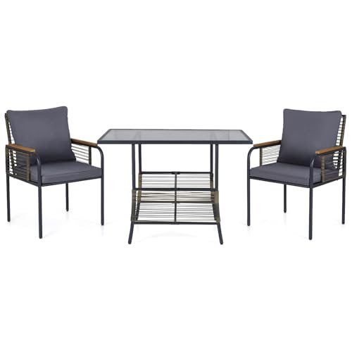GIANTEX Juego de Muebles de Jardín 3 Piezas, 2 Sillas con Cojines y Mesa con Tablero de Cristal Templado, Estructura de Metal, Muebles de Ratán para Patio, Balcón, Piscina (Gris)