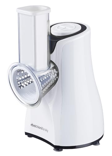 Melchioni Family 118420212 - Rallador eléctrico Taz, 5 cuchillas diferentes intercambiables, botón a presión, boquilla transparente, 200 W, acero y plástico, blanco