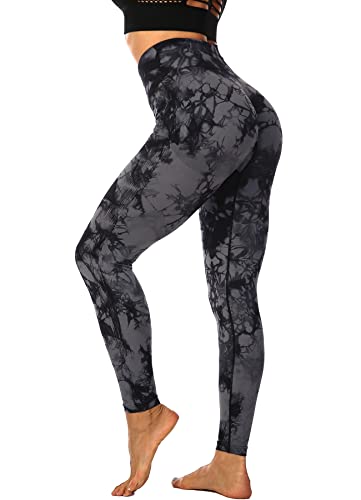 RIOJOY Leggings de Sport Femme Push Up sans Couture,Pantalon Yoga Imprimé Taille Haute,Pants Butt Lift,Cycliste Jogging Fitness B-Tie-Dye Gris Noir M Cover
