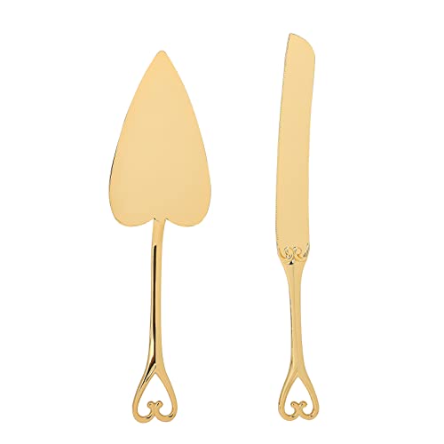 Gold Cake Knife and Server Set, Integral Stainless Steel Longer Wider Pie Spatula, Wedding Cake Cutting Utensils, Vintage Engraved Cake Cutter and Serving Spatula for Birthday