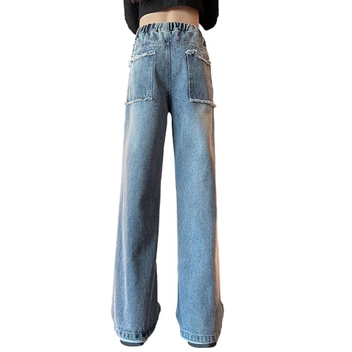 Girls High Waist Wide Leg Jeans - Elastic Waist Baggy Denim Pants with Frayed Pockets, Vintage Loose-Fit Trousers3