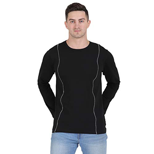 Image of Men Black Zip Detailing Front Round Neck Cotton Full Sleeve T-Shirt