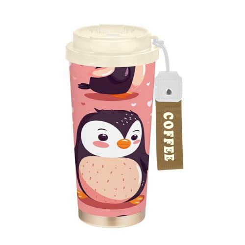 SKYSHU Penguin - Taza de café de viaje aislada de 17 onzas con tapa y pajita, vaso a prueba de derrames y fugas con correa de asa para bebidas calientes y frías, botella de agua de acero inoxidable