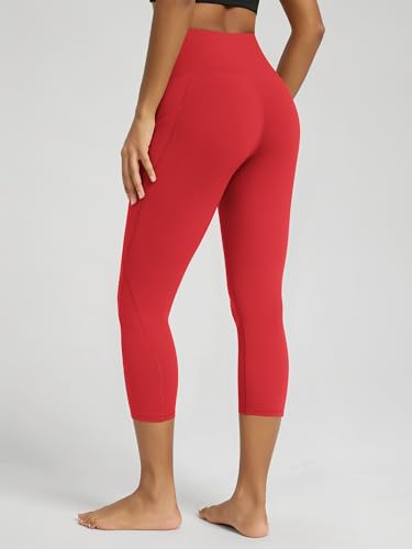 ODODOS Women's High Waisted Cropped Yoga Leggings with Pockets, 23" Inseam Tummy Control Workout Running Yoga Pants, Red, Medium