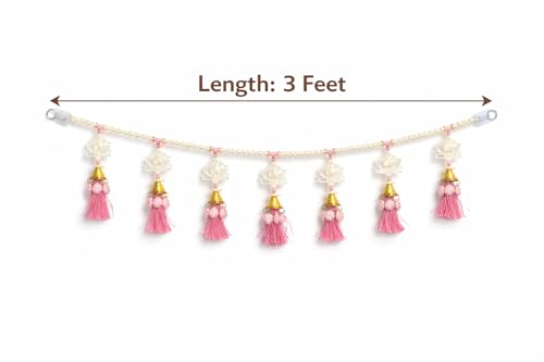 Image of Handcrafted Pearl Lotus Door Toran | 3 Feet Decorative Bandhanwar with Pink Tassels | Traditional Wall Hanging for Main Door, Pooja, Diwali, Wedding & Griha Pravesh