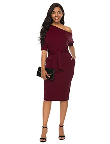 Image of Nature Comfy Elegant Womens Wear to Work One Shoulder Belted Pencil Dress