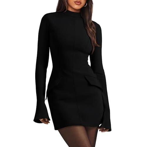 OFEEFAN Women’s Fall Long Sleeve Mock Neck Dress Basic Party Club Bodycon Mini Dresses