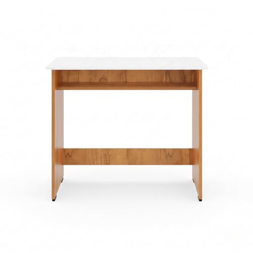 Image of Amazon Brand - Solimo Study Table with Under-Desk Storage Shelf | Desktop Computer Table for PC, Laptop, Study, Drawing & Gaming | Office Furniture for Home Office | 80x45x76.5 cm | Teak & White