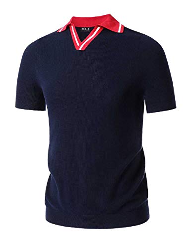AFAIK As Far As I Know - Men's Polo Shirt Short Sleeve Contrast Color Stitch Knit Cotton Polo T-Shirts (XXL, 1027-dark Blue)