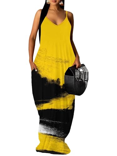Image of Women Spaghetti Strap Maxi Dress with Pockets | Soft fabric relaxed fit sleeveless v neck with pockets for party and daily wear