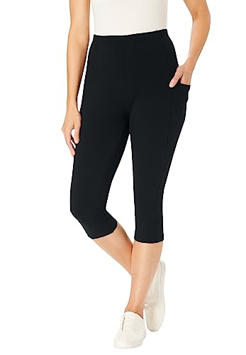 Woman Within Plus Size Stretch-Cotton Knit Pull-On Pocket Capri Leggings - 2X, Black