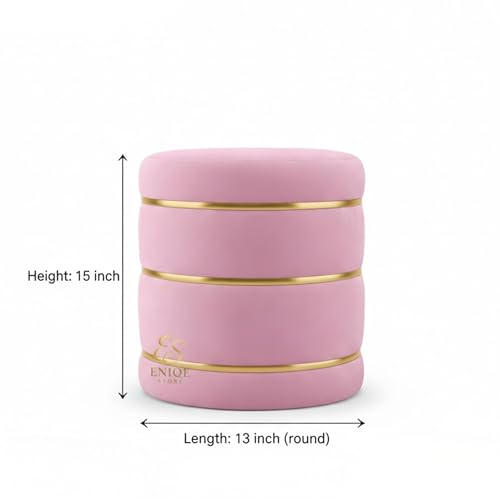 Image of Luxury Velvet Ottoman Stool | Modern Round Footrest with Gold Accent | Stylish Living Room & Bedroom Ottoman Baby Pink