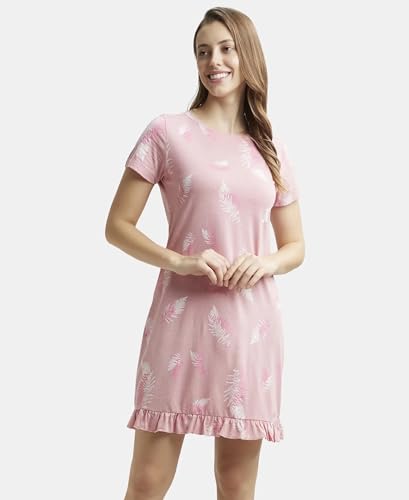 Image of Jockey RX25 Women Micro Modal Cotton Ruffled Hem Styled Half Sleeve Printed Sleep Dress (Colors & Prints May Vary)