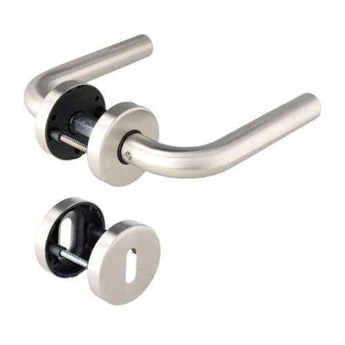 Aperit Türgriff: Edelstahl Türklinke Paar mit Bunbart Rosetten - Drückergarnitur für Innentüren - L-Modell - 49.320.02