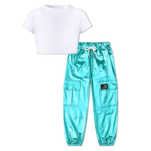 Image of Betusline Girls Clothes 2 Piece Set, White Cute Short Sleeve Crop Tops + Bright Blue Metal Cargo Jogger Pants Clothes，7-8 Years = Tag 140