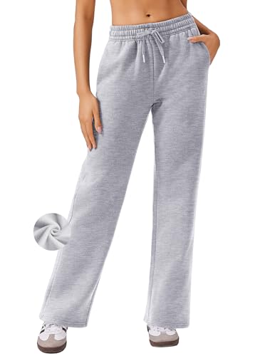 PINSPARK Jogginghose Damen Sporthose Lang Fleece Sweatpants Warme Traininghose Gefütterte Freizeithose Laufhosen mit Elastischem Bund Yoga Hose Gerades Bein Grau XXL