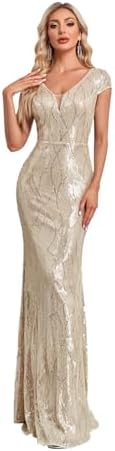 Womens Sequined Short Sleeves Long Formal Dress with V-Neck for E...