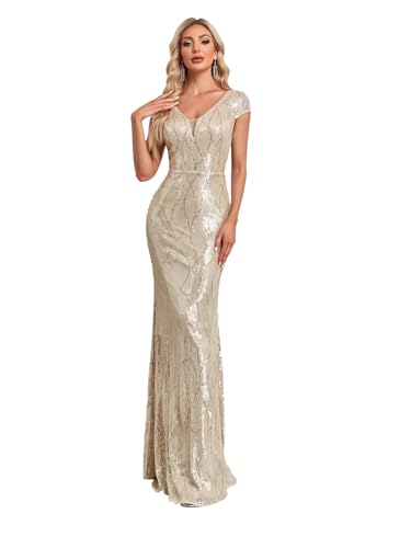 Image of XUIBOL Womens Sequined Short Sleeves Long Formal Dress with V-Neck for Evening Event Nightout Club Gown Silver Paillette Silver S