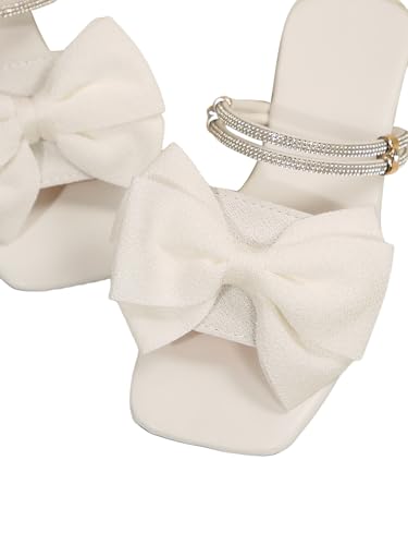 Image of GORGLITTER Women's Bow Flat Sandals Dressy Rhinestone Comfortable Sandals | Cute Slip On Slides, Strappy Flats, Square Toe, Sparkly Dressy Party Wedding Sandals for Bride