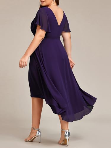 Image of Ever-Pretty Plus Summer Short Sleeves V-Neck Formal Wedding Guest Dresses for Curvy Women Chiffon Midi Cocktail Party Dress