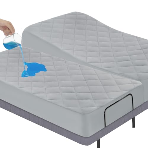 Split King Mattress Pad Waterproof Quilted, Fitted Mattress Protector Cover 39" X 80" 2 Pack Noiseless & Soft, Split King Mattress Topper for Adjustable Bed, Grey