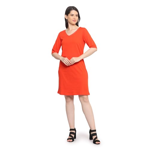 Image of Frenchtrendz Women's Cotton and Back Lace Designer V-Neck A-Line Knee Length Dress
