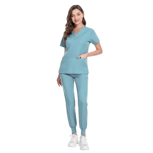 Image of VIAOLI Scrubs for Women Set Modern V-Neck Top & 8 Pocket Jogger Pants Nursing Uniform Solid Stretch Workwear