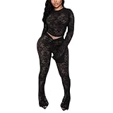 Kafiloe Women Sexy 2 Piece Outfits Clubwear Mesh Hollow Out Long Sleeve Crop Top Flare Pants Set Birthday Outfits Black XL