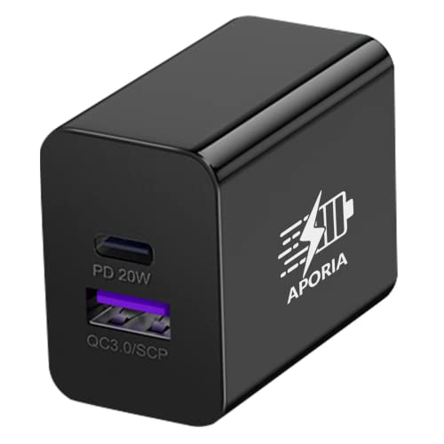 Aporia - 20W 2-Port Dual Type C & USB A Wall Charger with QC 3.0/SCP USB-A Port and PD USB-C Port with Quick Charge Power delivery | 100-240 Vac 50 60Hz 0.5A | Cellphone Charging (1-Pack, Black)